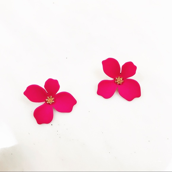 • Blossom Flower Stud Earrings in Hot Pink • - Picture 2 of 3
